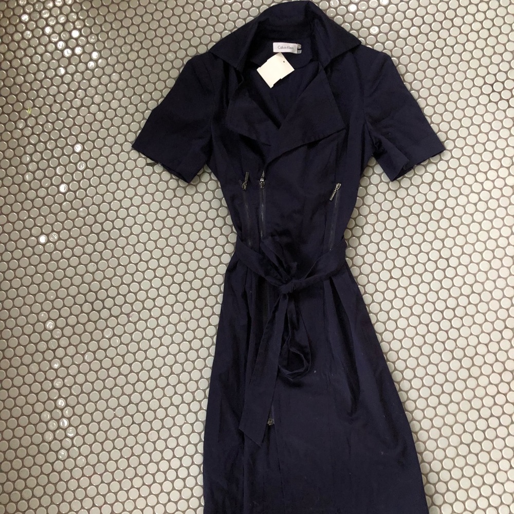 Navy Calvin Klein tench style SS collar dress sz 2
